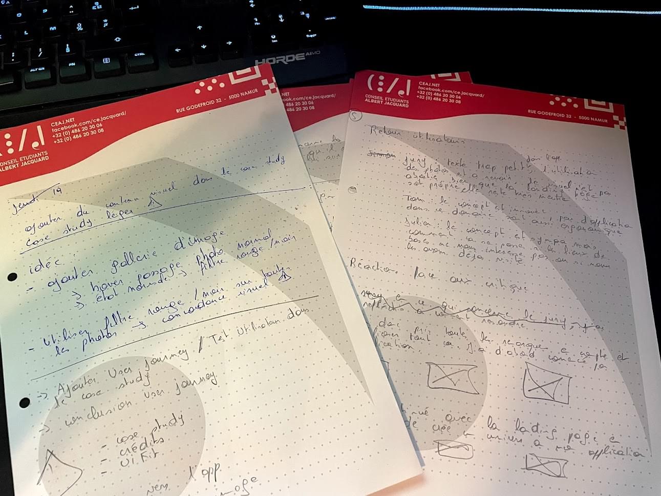 Feuille de brouillon avec mes idées de conception